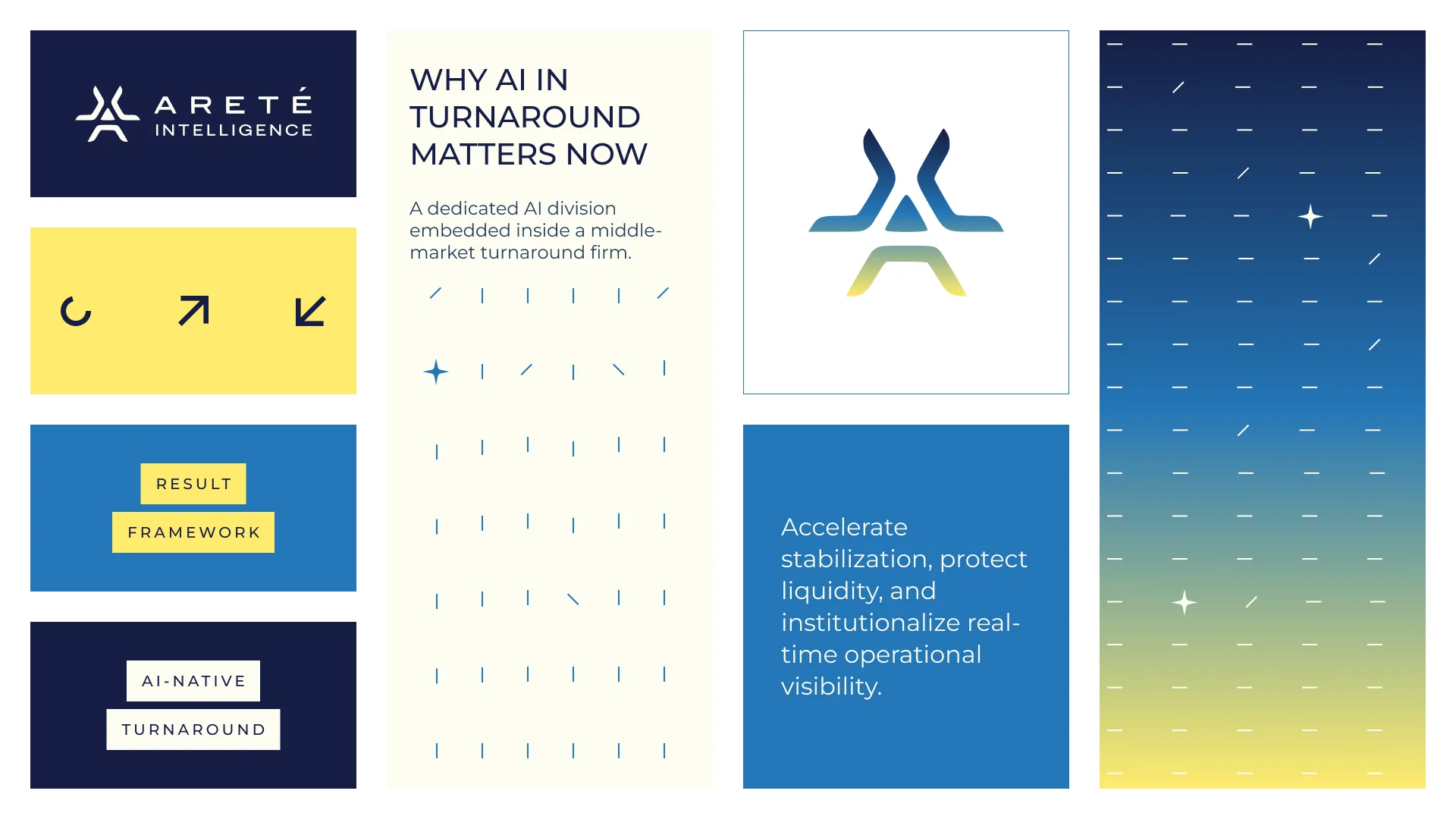 Brand elements: logo tile, arrows, labelled blocks, the mark grid and the bluebird-to-beam gradient