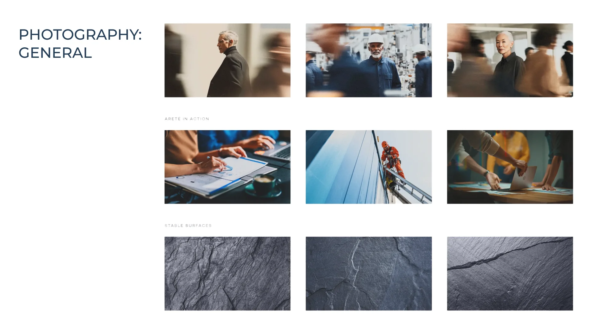 Photography: leaders in motion-blurred crowds, people at work and close-ups of slate textures