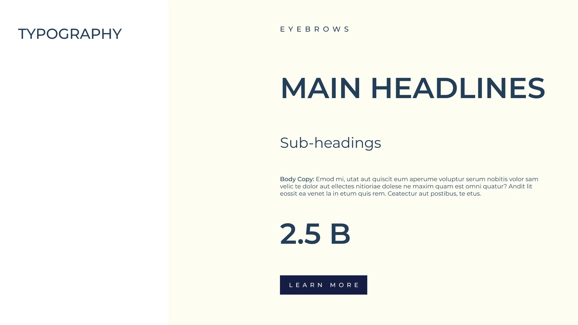 Typography: eyebrows, main headlines, sub-headings, body copy, a 2.5 B figure and a Learn more button