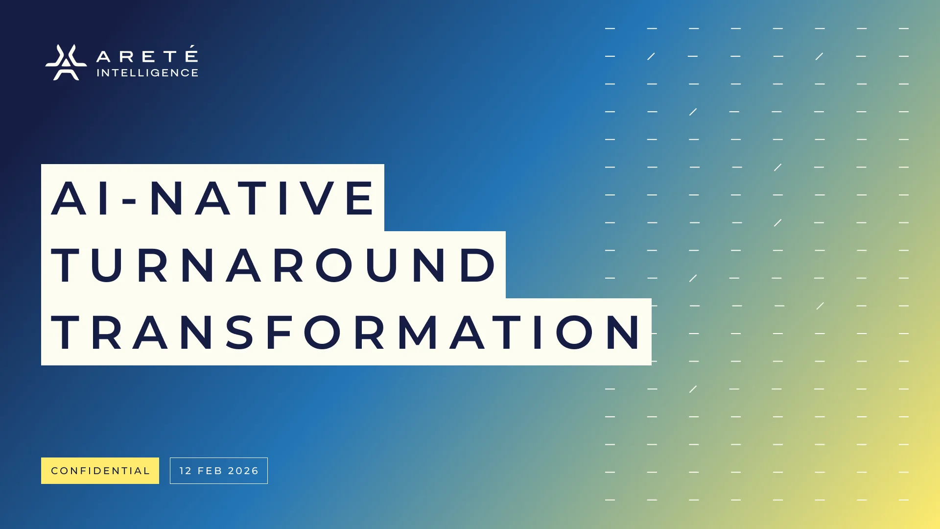 Pitch deck title: AI-native turnaround transformation on the bluebird-to-beam gradient