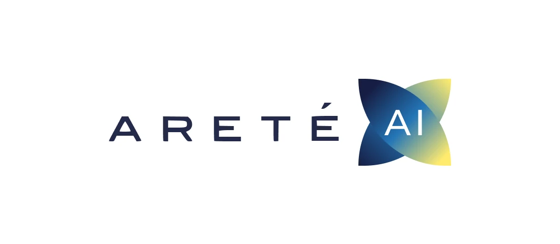 Concept 4: the Areté wordmark with an AI tile of two overlapping gradient petals