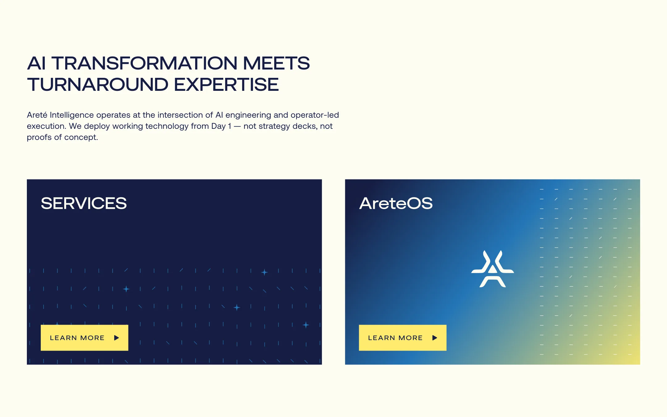 AI transformation meets turnaround expertise, with Services and AreteOS cards