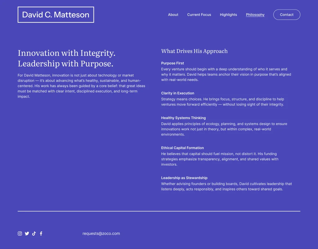 Philosophy page: Innovation with Integrity. Leadership with Purpose.