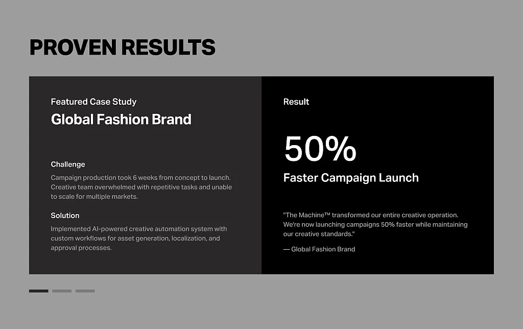 Proven Results: Global Fashion Brand — 50% Faster Campaign Launch, with challenge, solution and client testimonial in a split dark panel