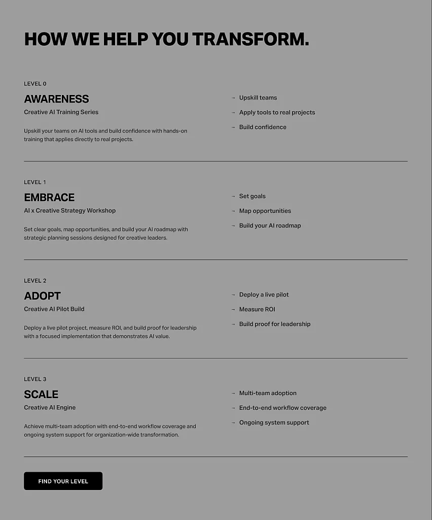 How We Help You Transform: four-level programme table — Level 0 Awareness, Level 1 Embrace, Level 2 Adopt, Level 3 Scale — each with sub-title, description and three deliverables