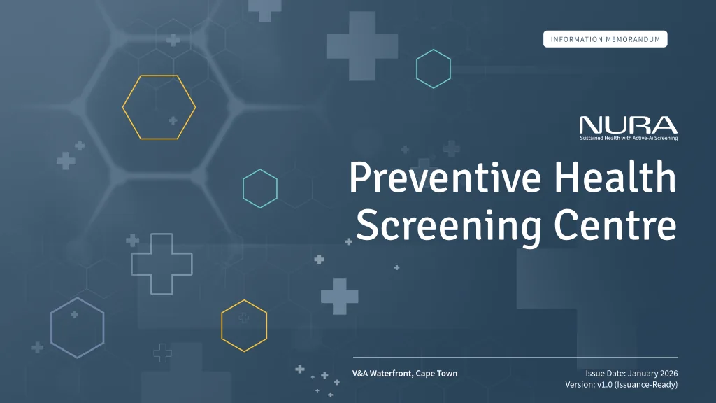 NURA information memorandum — dark cover: geometric hexagon field in navy and teal