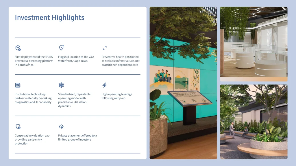 Investment Highlights variant with interior photography of the proposed V&A Waterfront screening centre