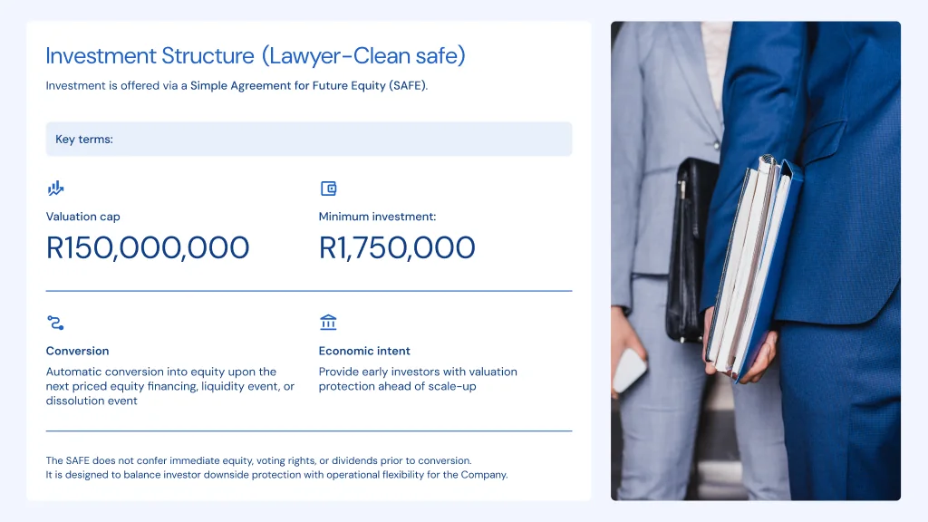 Investment Structure: SAFE terms including R150,000,000 valuation cap and R1,750,000 minimum investment