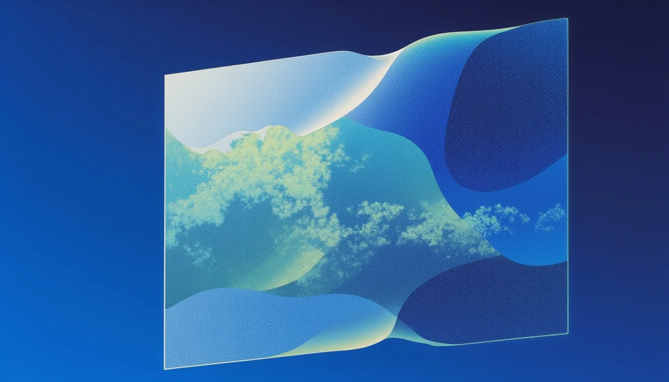 A glass panel with soft blue waves and green clouds