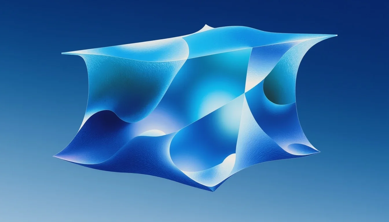 A floating, wave-shaped blue glass form