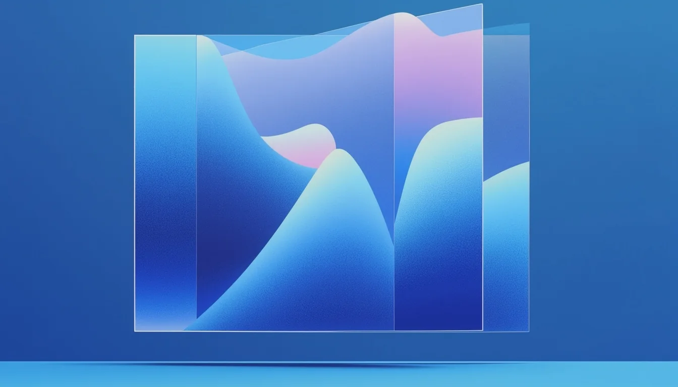 A translucent glass panel with flowing blue and lilac waves
