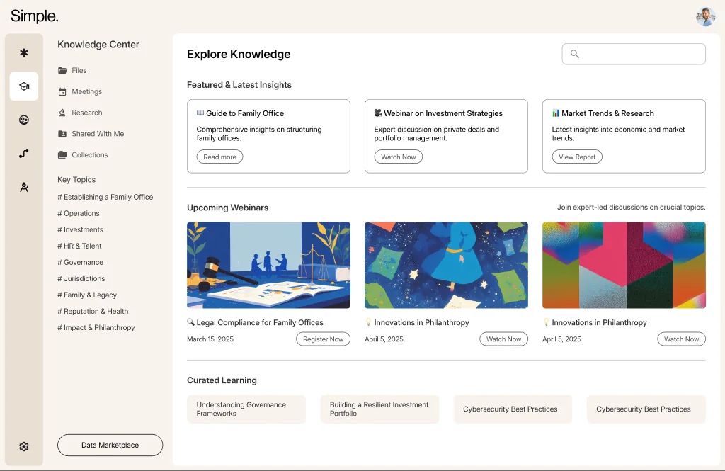 Simple Knowledge Center — institutional knowledge base for the family office