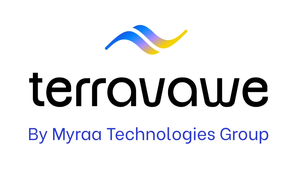 Terravawe logo: gradient wave mark above the black wordmark, with By Myraa Technologies Group