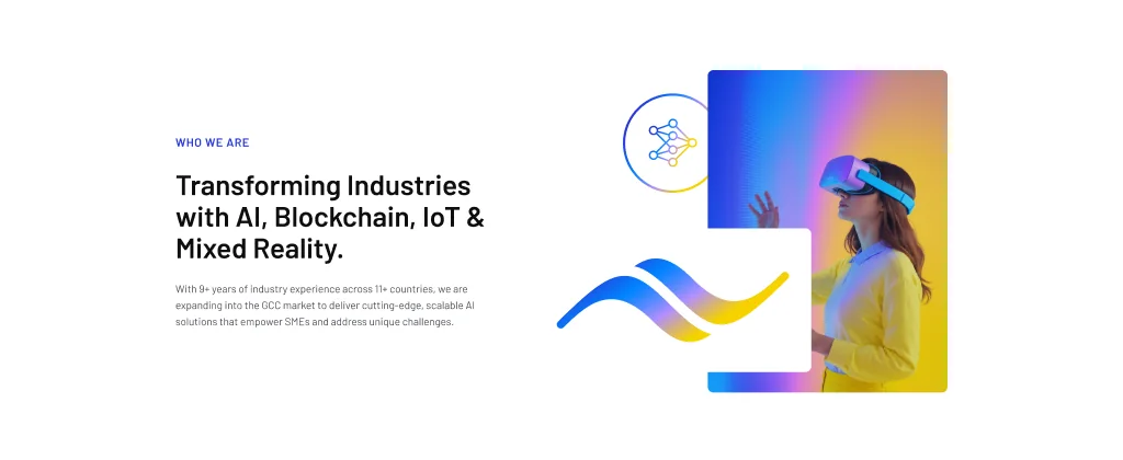 Who we are section: Transforming industries with AI, Blockchain, IoT and Mixed Reality