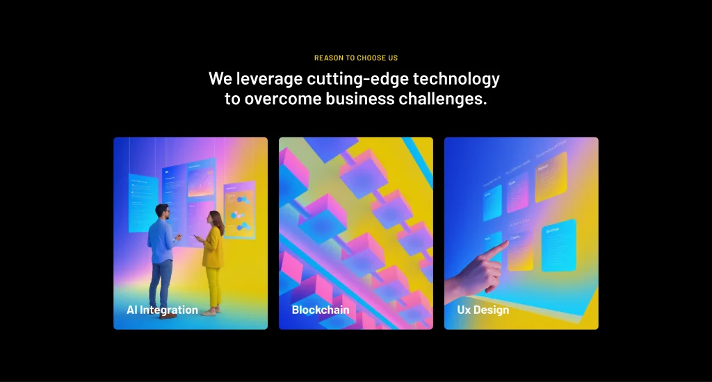 Reason to choose us: AI Integration, Blockchain and UX Design cards