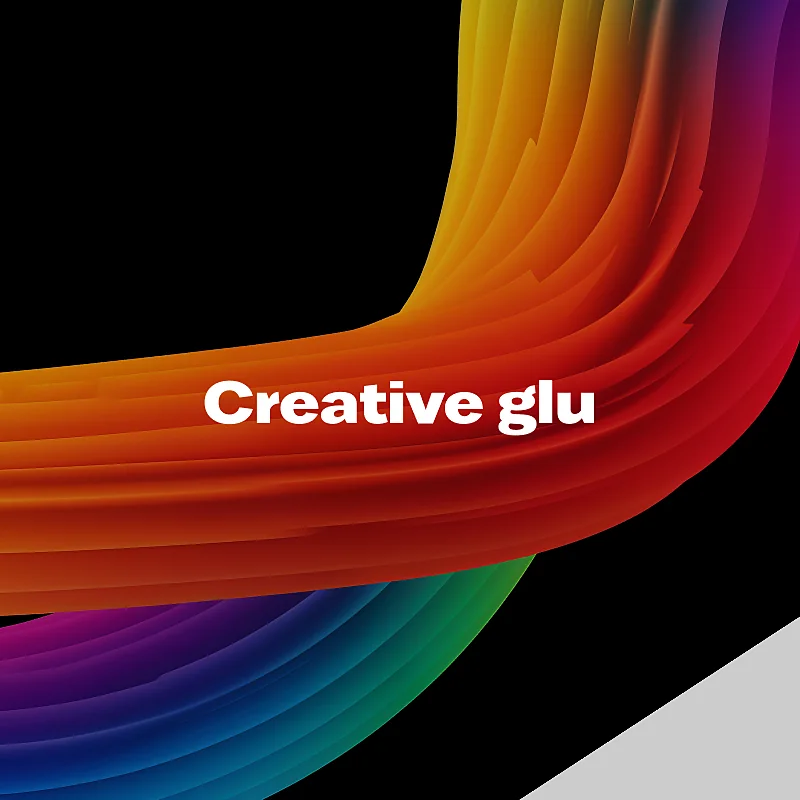Creative Glu: colorful ribbon art on black with studio wordmark