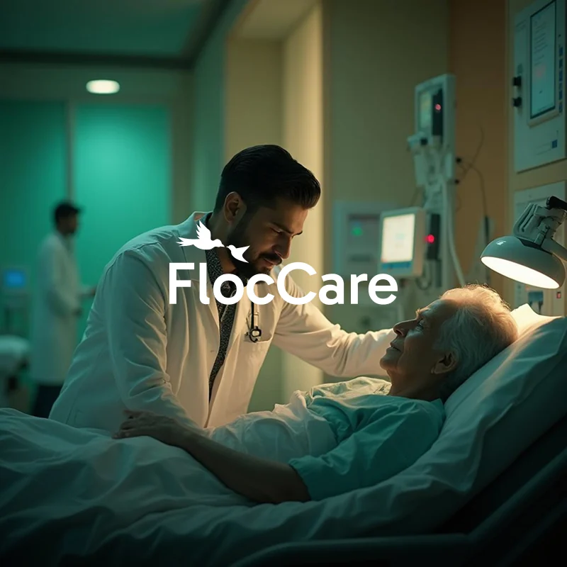 FlocCare: a doctor comforting a patient in a hospital bed