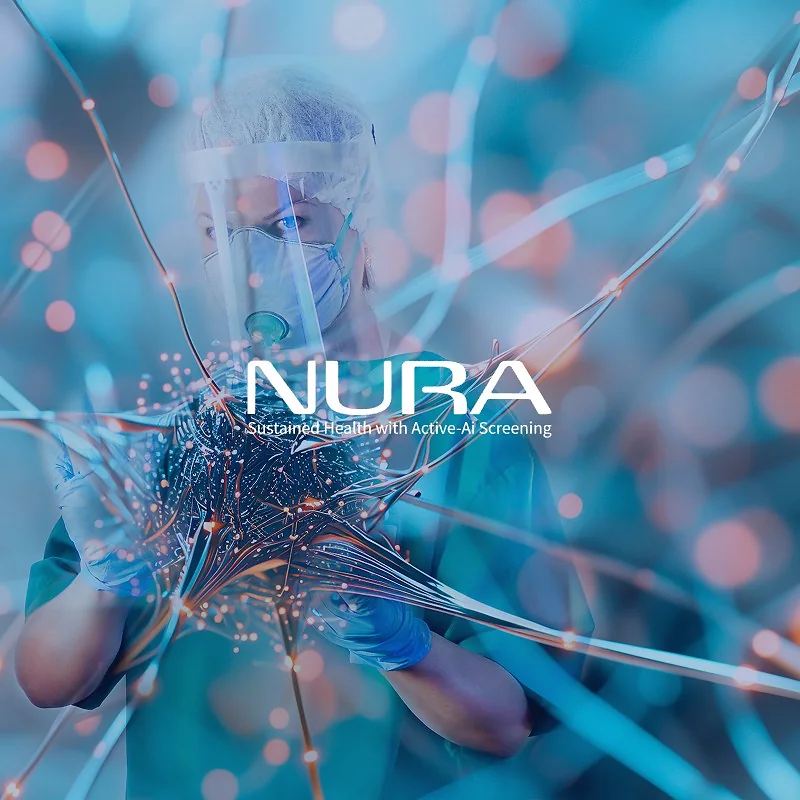 NURA: healthcare professional holds a glowing neural network — Active-AI health screening