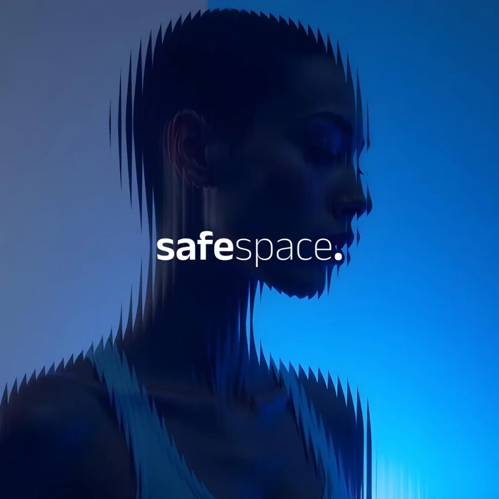 SafeSpace: a profile in blue light behind the safespace wordmark