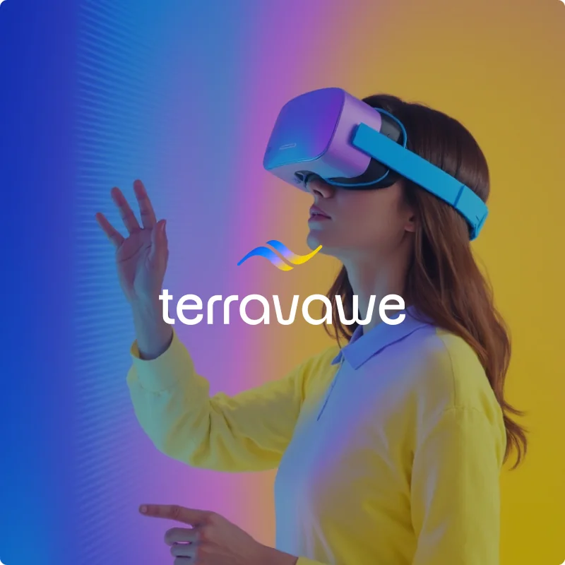 Terravawe: woman in a VR headset on the brand gradient